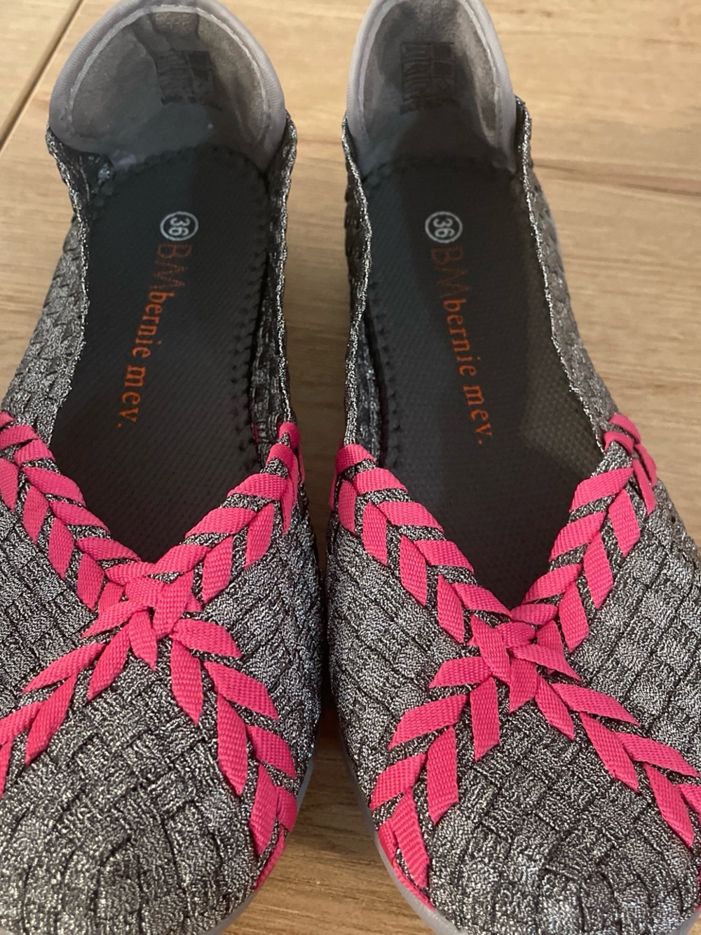 bernie mev. Silver Woven Flats with Pink Braided Trim